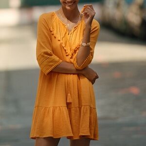 Anthro Eri + Ali | Orange Angelica Tasseled Tunic Dress M Bohemian Peasant Gauze